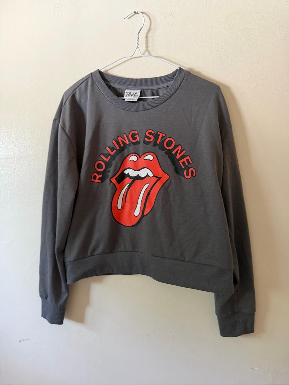 the Rolling Stones Charcoal Crewneck Sweatshirt with Red Tongue Graphic